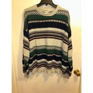 Northwest Territory Vintage Fair Isle Striped Cotton Sweater Mens XL Green Navy